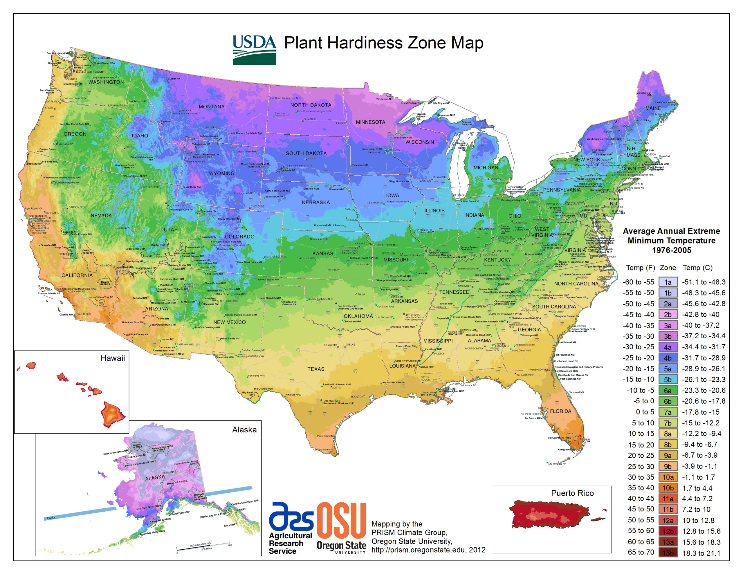 Colored map showing plant growing zones in the USA